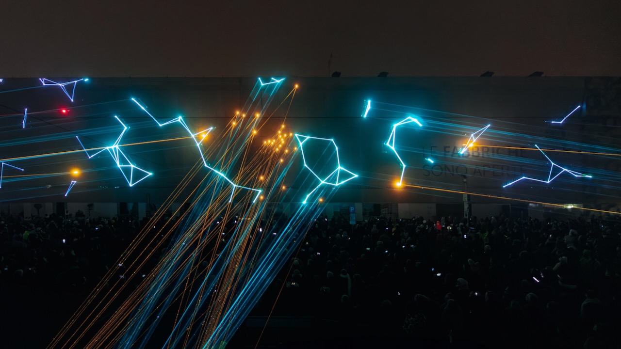 site specific Monolake laser AV show in Modena, NYE 2023