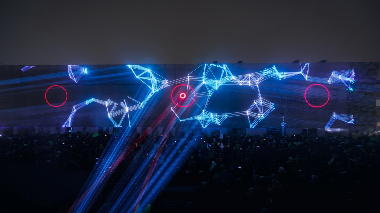 site specific Monolake laser AV show in Modena, NYE 2023