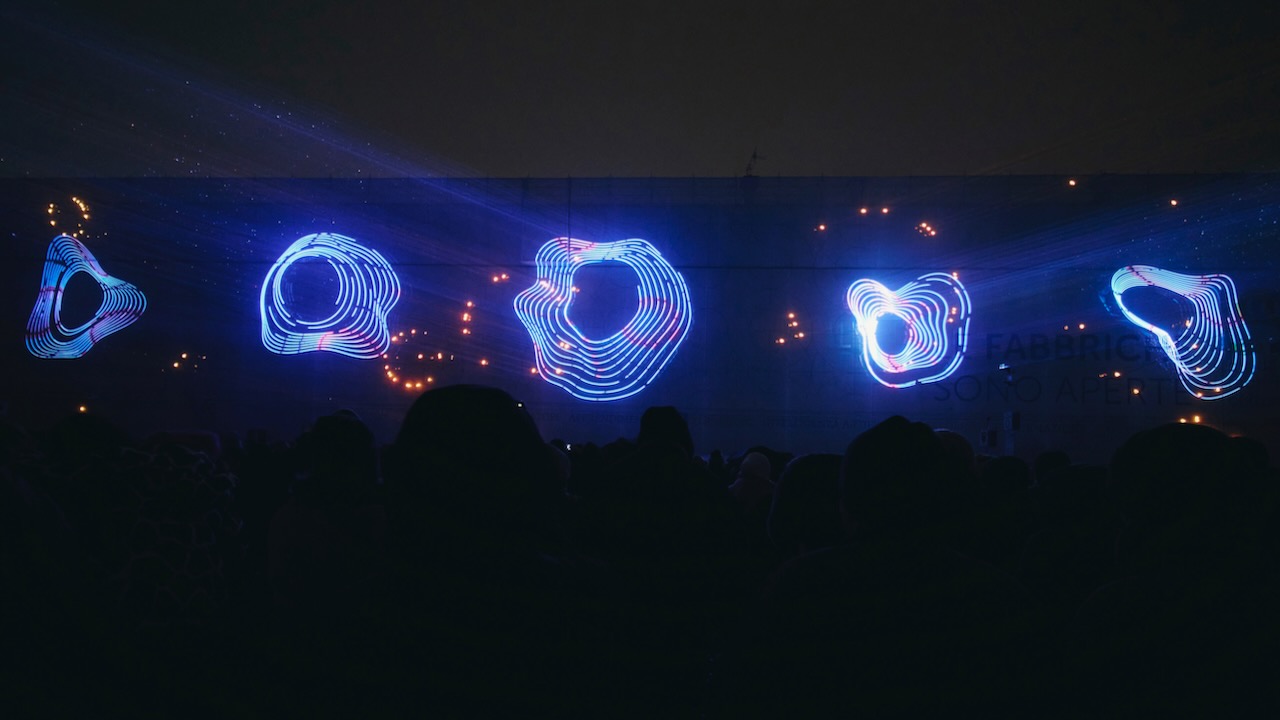 site specific Monolake laser AV show in Modena, NYE 2023