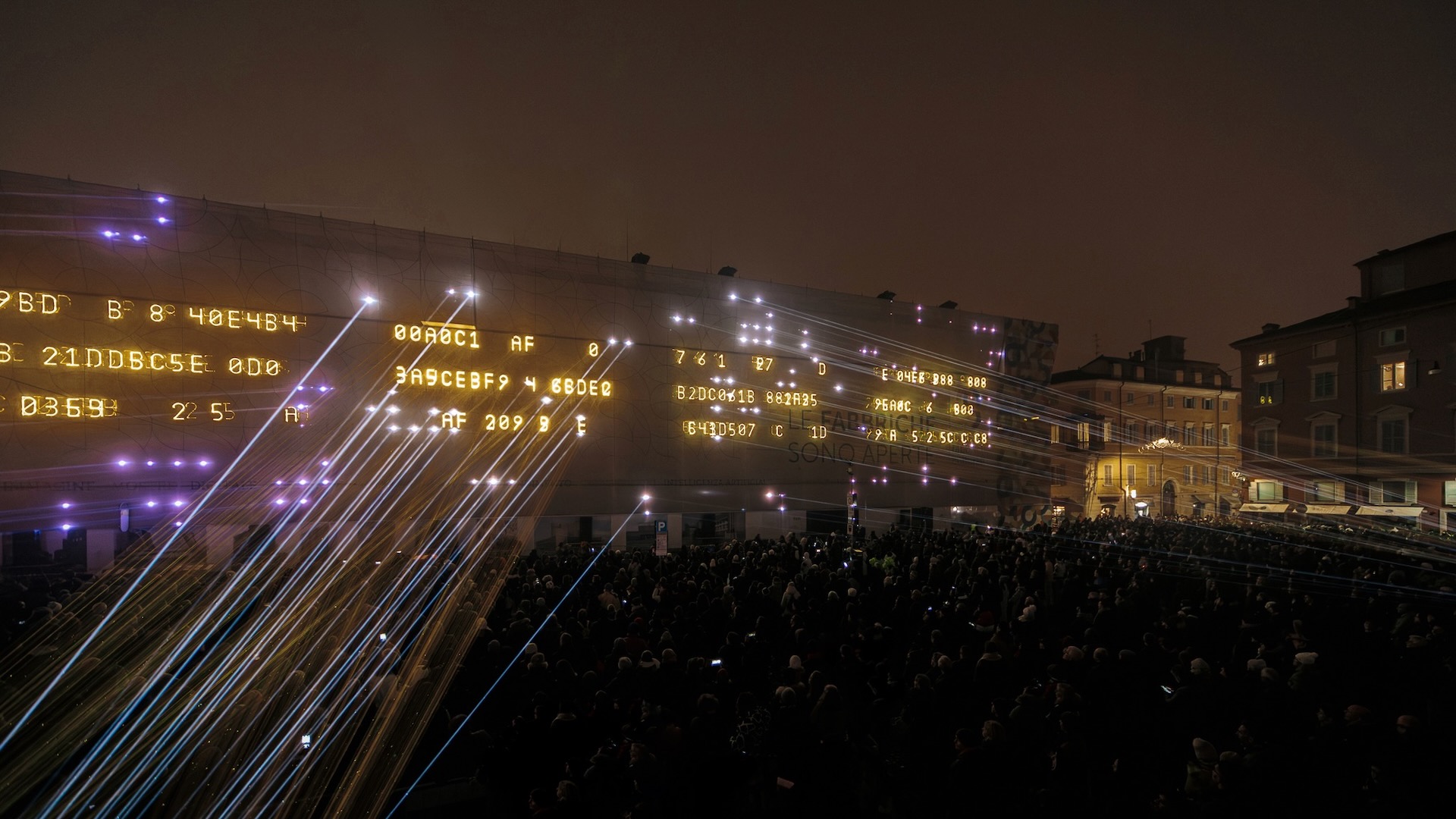 rendering of site specific Monolake laser AV show in Modena, NYE 2023
